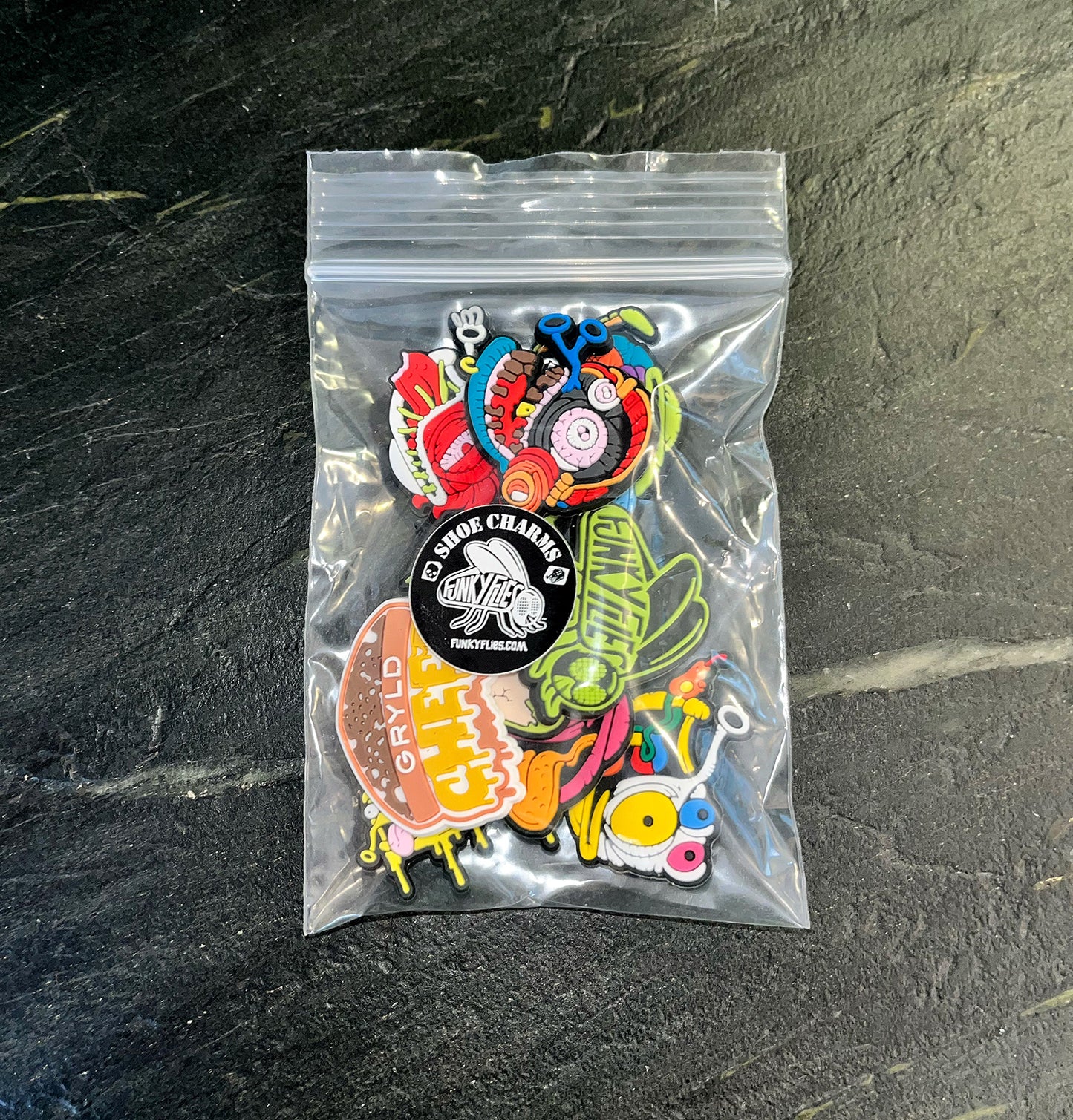 Funky Flies Durable PVC Slide Shoe Charm 9-Pack