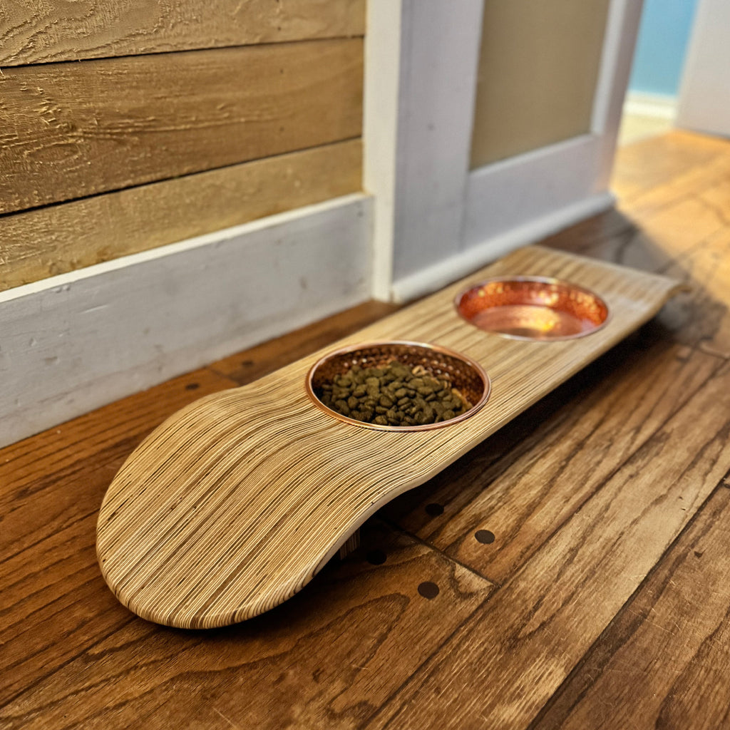 Handmade Elevated Skateboard Cat Feeding Station – Baltic Birch & Rose Gold Bowls